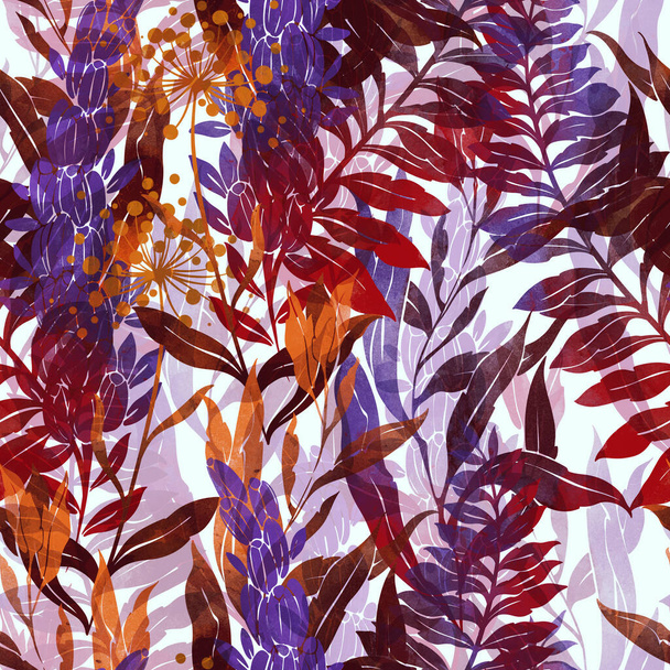Siluet kaynamış çayır otları kusursuz desenler oluşturur. Suluboya desenli dijital el çizimi. Karışık medya çalışmaları. Tekstil dekoru ve botanik tasarım için sonsuz motif - Fotoğraf, Görsel