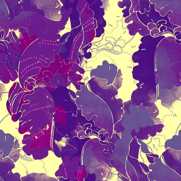 imprints garden irises - mix repeat seamless pattern. digital hand drawn picture with watercolour texture. mixed media artwork. vintage endless motif for textile decor and design  - Fotó, kép