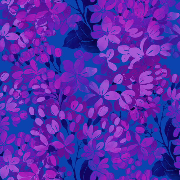 Abdrücke lila Blüten mit Blättern mischen sich wiederholen nahtlose Muster. Aquarell und digitales handgezeichnetes Bild. Mixed-Media-Kunst. Endlose Textur für textile Dekoration und Design - Foto, Bild