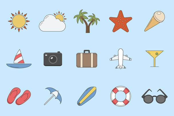 Vacation Icons set - Vector color symbols of travel, holiday day for the site or interface - Wektor, obraz