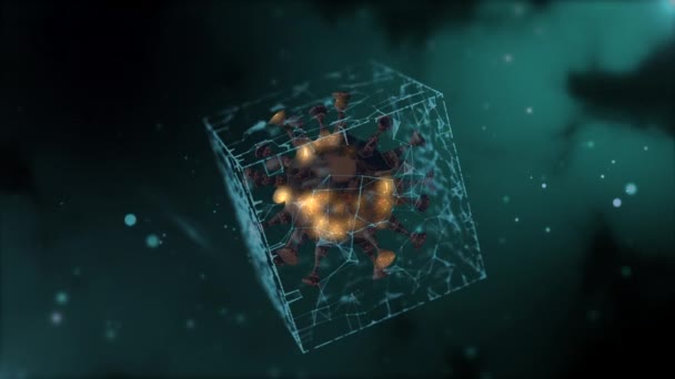 3d μοντέλο της ανθρωπότητας coronavirus αντιμετωπίζει, ένα μικρο πυροβολισμό σε έναν ιό κλειδωμένο μέσα σε ένα πολύγωνο πάνω από το μαύρο. - Πλάνα, βίντεο
