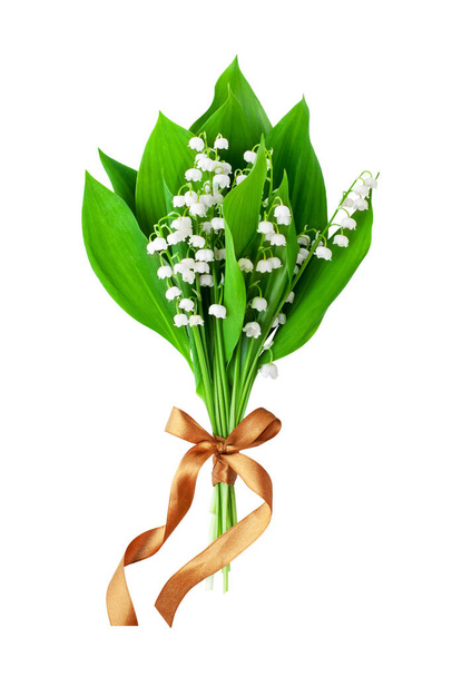 Lily z doliny kwiat bukiet z brązowym bowknot białe tło izolowane zbliżenie, piękne może lilie kilka, zielone liście i złotą wstążkę, convallaria majalis, kwiatowy wzór dla karty okolicznościowej - Zdjęcie, obraz