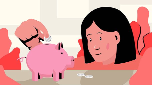 Vector colorful illustration of young girl putting coins in a piggy bank. Concept illustration of a teenager room interior with a piggy bank on the table and emotional girls face - Vector, Image