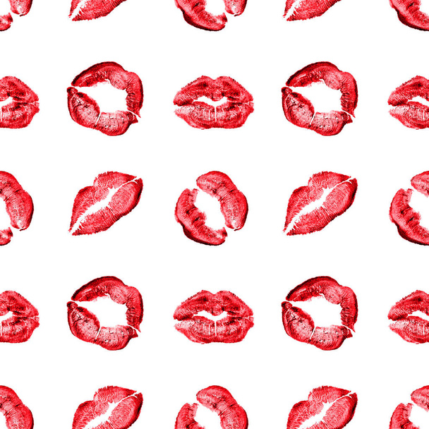 Απρόσκοπτη μοτίβο του κόκκινου κραγιόν φιλί εκτύπωσης σε λευκό φόντο απομονωμένο, σέξι ροζ χείλη μακιγιάζ σήματα επανάληψη στολίδι, γυναικεία φιλιά ταπετσαρία, ομορφιά συνθέτουν φόντο, banner μόδας, σχεδιασμός αγάπης - Φωτογραφία, εικόνα