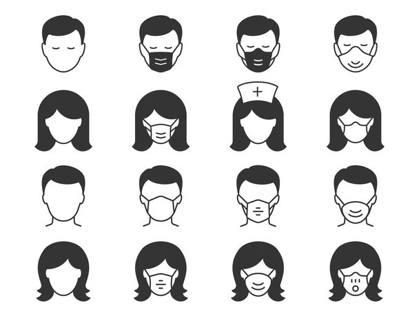 Man and Woman in medical mask icons. Vector illustrations on white. - Vector, afbeelding