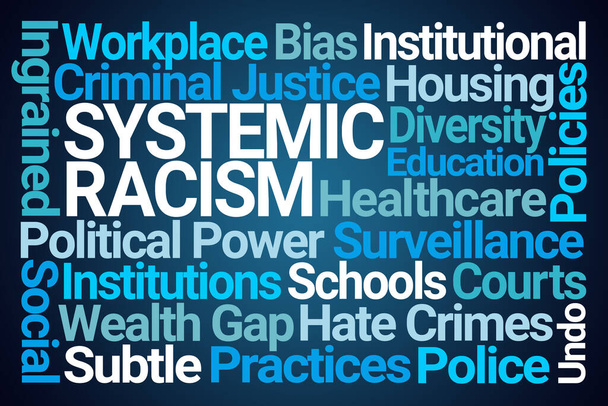 Systemische Racisme Word Cloud op blauwe achtergrond - Foto, afbeelding