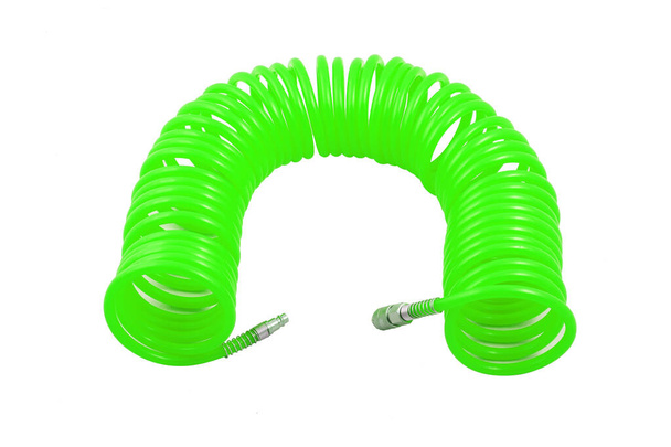 Manguera de aire espiral verde para compresor aislado en fondo blanco
 - Foto, Imagen