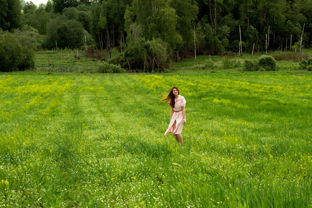 A girl in a pink dress on a green flowery meadow. - Foto, imagen