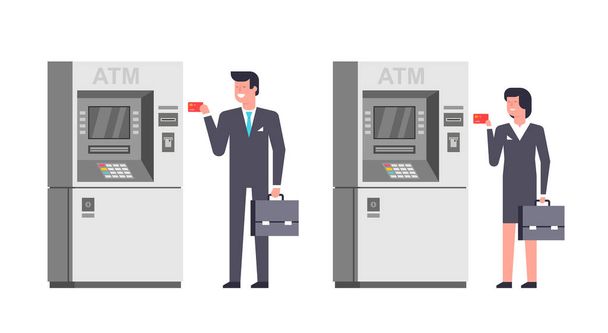 Ludzie używający bankomatu. Biznesmen i kobieta używają karty w bankomacie. Płatność bankomatu. izolowany na białym tle - Wektor, obraz