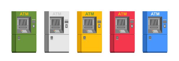 Σετ μηχανημάτων ΑΤΜ τραπεζών. επίπεδο στυλ. απομονωμένο σε λευκό φόντο - Διάνυσμα, εικόνα
