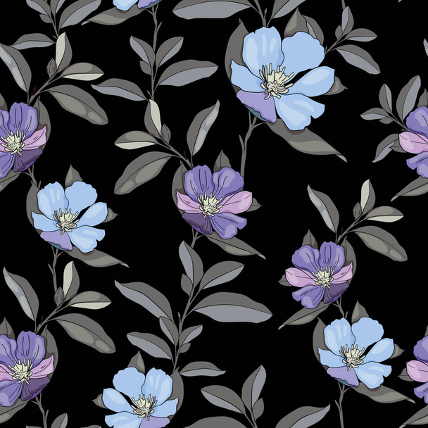 Chamernik nahtloses Vektormuster auf schwarzem Hintergrund. Muster von lila und blauen Blüten. Verwendung für Druck, Textilien, Designs, Designs, Flyer, Grußbotschaften, Webseiten, Tapeten und Packpapier. - Vektor, Bild