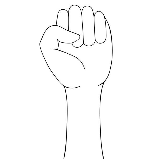 Stop racism. Sketch. Fist raised to the top. Sign of protest. The struggle for rights and justice. Vector illustration. Outline on an isolated background. Doodle style. Idea for web design, poster, banner. - Vektor, kép