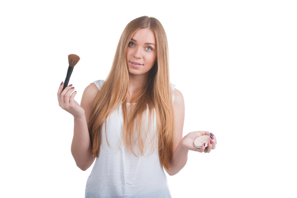 Woman with make-up brush and powder - Fotografie, Obrázek