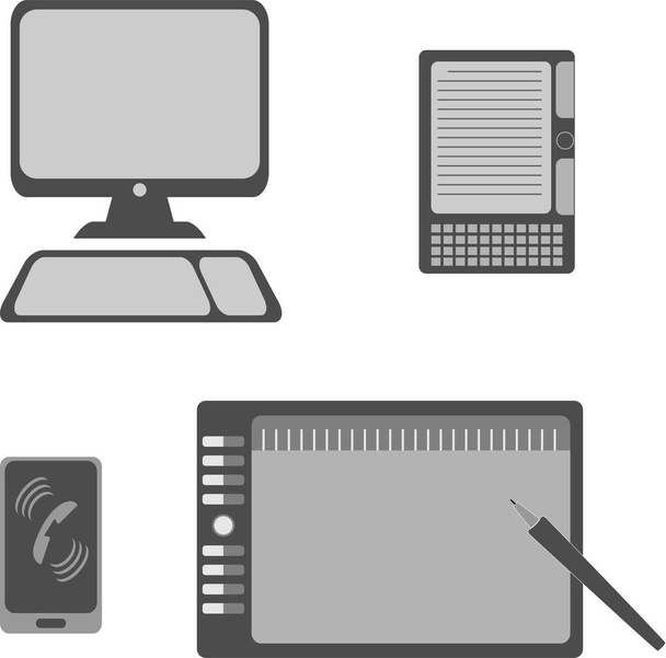  Vector illustration icon set of modern devices: computer, graphics tablet, e-book, mobile phone. Vector icon in trendy flat style, isolated on white background.  Simple icon. - Vector, Imagen