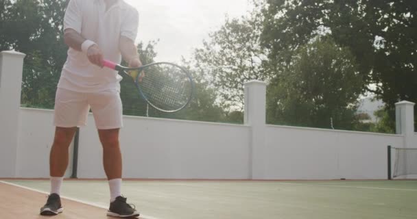 A mixed race man wearing tennis whites spending time on a court, playing tennis on a sunny day, holding tennis racket, hitting a tennis ball, in slow motion. - Footage, Video