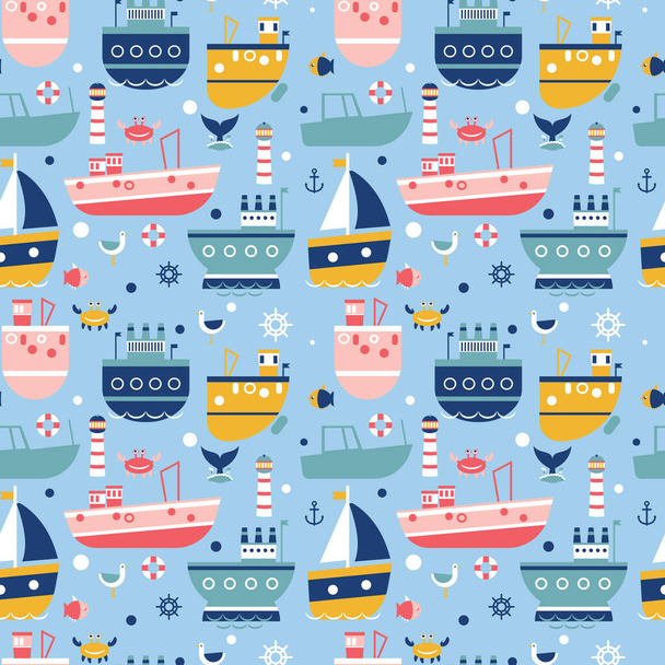 Ship pattern flat illustration. Children surface design and fabric pattern series. - Vector, imagen