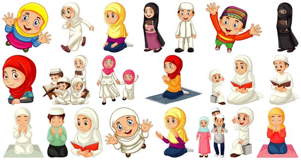 Set of different muslim people cartoon character isolated on white background illustration - Vector, Image