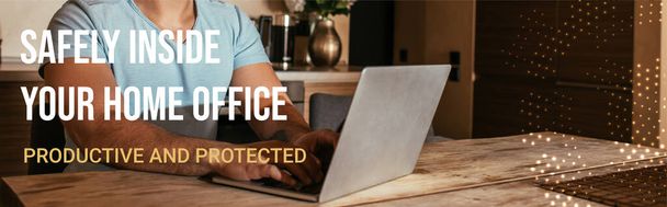 en-tête de site Web de pigiste mixte utilisant un ordinateur portable près en toute sécurité à l'intérieur de votre bureau à domicile, lettrage productif et protégé - Photo, image