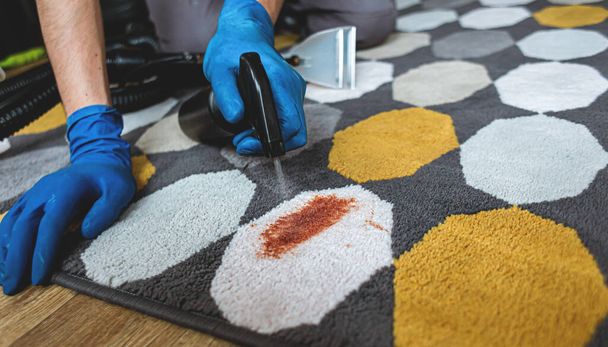 Close-up Of Persons Hand Cleaning Stain On Carpet With Sponge. - Φωτογραφία, εικόνα
