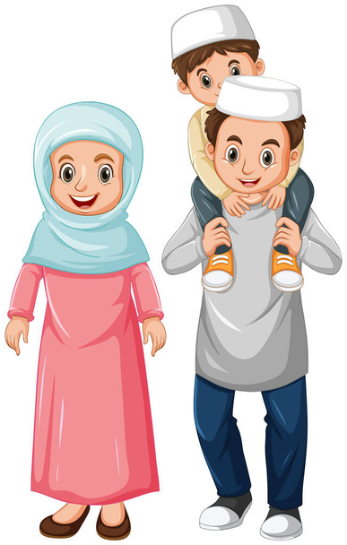 Família muçulmana árabe em cores roupas tradicionais isoladas em fundo branco ilustração
 - Vetor, Imagem