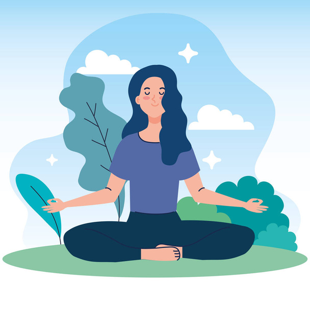 donna che medita in natura e foglie, concetto di yoga, meditazione, relax, stile di vita sano - Vettoriali, immagini