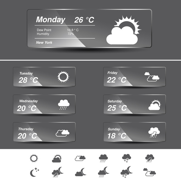 Vector weather forecast, widget, glass banners and symbols - Vector, afbeelding
