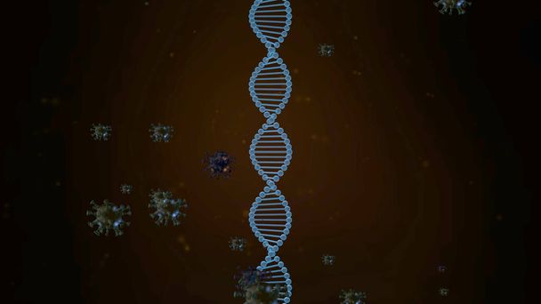 Animación 3D de hebra de ADN giratoria rodeada y atacada por células alienígenas
. - Foto, Imagen