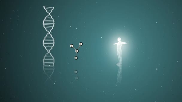 Animacja 3D abstrakcyjnego DNA i ludzkiego hologrmu oświetlającego niebieskie tło. - Materiał filmowy, wideo