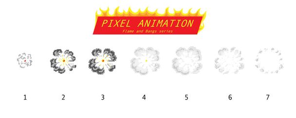 Pixel art 8 bites tűz tárgyak. Játék ikonok beállítva. Képregény bumm-láng effektusok. A robbanás robbanásszerűen felrobban a füsttel. Digitális ikonok. Animációs folyamat lépései. - Vektor, kép