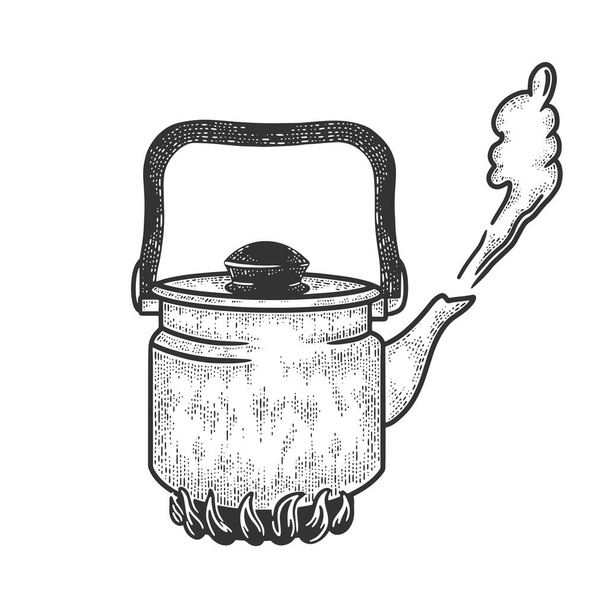 boiling kettle sketch engraving vector illustration. T-shirt apparel print design. Scratch board imitation. Black and white hand drawn image. - Vetor, Imagem