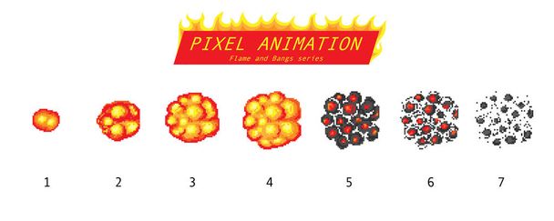 Πυρηνική έκρηξη. Pixel τέχνη 8 μπιτ αντικείμενα φωτιά. Εικονίδια παιχνιδιού έτοιμα. Η εξέλιξη μιας φλόγας Κόμικ Μπουμ. έκρηξη έκρηξη έκρηξη δυναμίτη λάμψης με εφέ καπνού. Ψηφιακά εικονίδια. Βήματα διαδικασίας κινουμένων σχεδίων. - Διάνυσμα, εικόνα