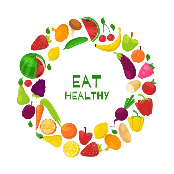 Organiczne zdrowe owoce i warzywa w kręgu jeść zdrowe wektor kreskówek ilustracja. - Wektor, obraz