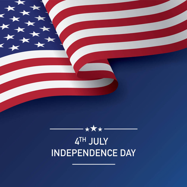 Hyvää 4. heinäkuuta USA: n itsenäisyyspäivän onnittelukortti, jossa on heiluttava Amerikan lippu sinisellä taustalla. Vektoriesimerkki. - Vektori, kuva