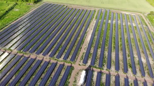 Nagy erőmű kék napelemekkel. Kilátás a drónról. Kék panelek sorakoznak a földön. Ingyen áram az otthonnak. A bolygó fenntarthatósága. Zöld energia. A napelemes erőművek üzletága. - Felvétel, videó