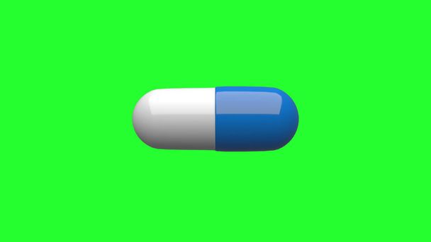 Weiß-blaue Pillen isoliert. Green Screen. 4K UHD. 3D-Darstellung.  - Foto, Bild