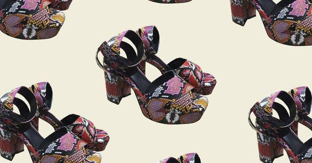 Fashionable summer animal print platform sandals. Composition of clothes. Fashion concept. Collage sale clothes banner. Stylish female shoes. Flat lay. Trendy clothes collage. Pattern - Foto, imagen