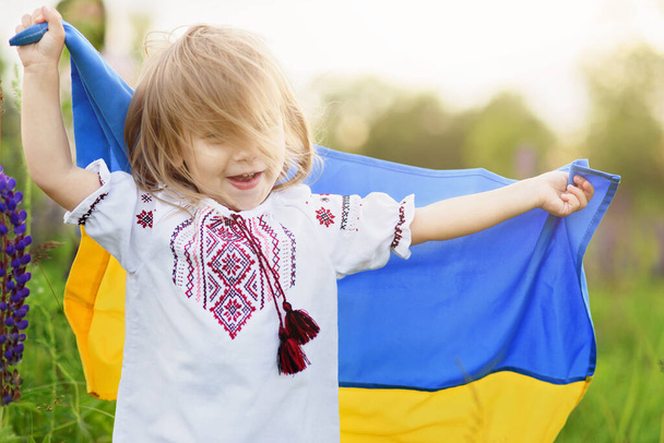 Child carries fluttering flag of Ukraine in field. Ukraine's Independence Day. Flag Day. Constitution day. Girl in traditional embroidery with flag of Ukraine - Fotografie, Obrázek