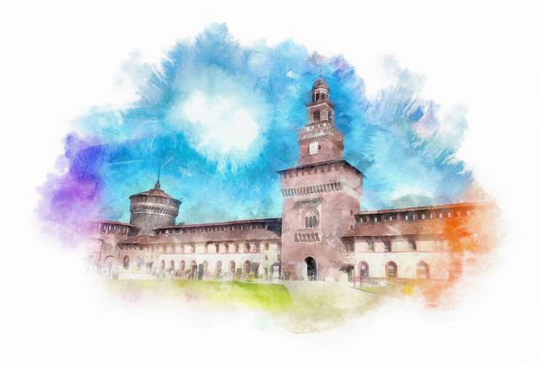 Castello Sforzesco suluboya resim, Milano ya da Milan, İtalya - Fotoğraf, Görsel
