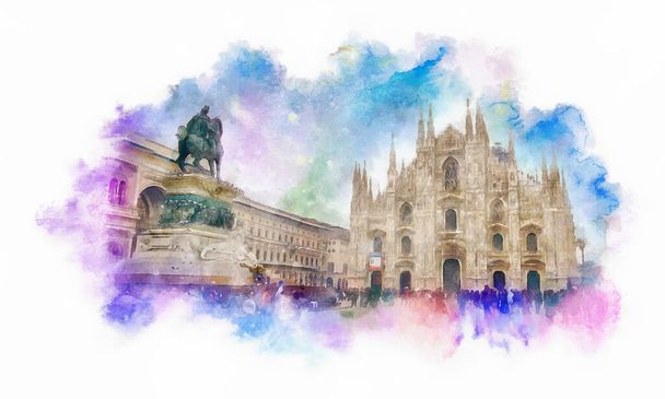 Duomo di Milano akvarell illusztráció, Milánó vagy Milánó, Olaszország - Fotó, kép
