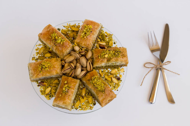 Traditional Turkish Pastry Dessert,Baklava on glass plate,special design with copy space. - Photo, Image