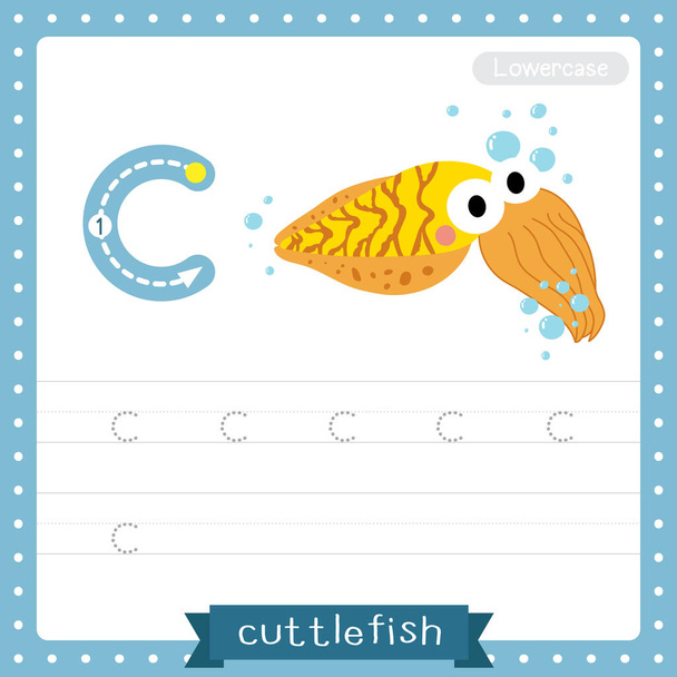 Letter C lowercase cute children colorful zoo and animals ABC alphabet tracing practice worksheet of Yellow Cuttlefish for kids learning English vocabulary and handwriting vector illustration. - Vektori, kuva
