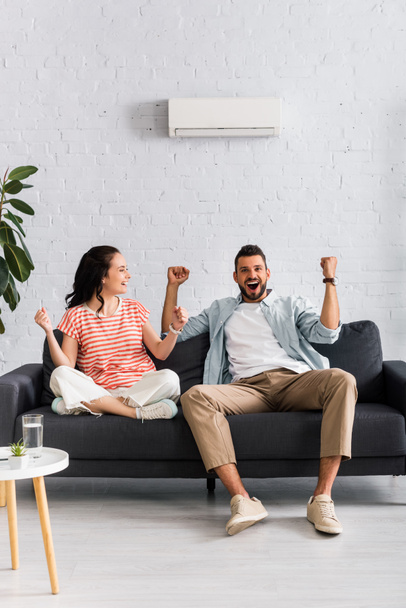 Smiling couple showing yes gesture while sitting under air conditioner on sofa  - Photo, Image