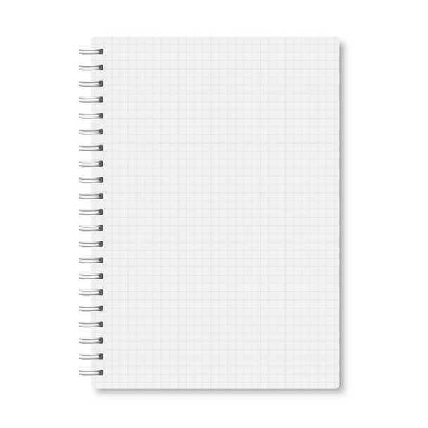 Fehér reális egy 5-ös notebook, puha árnyékokkal lezárva. Vektor függőleges üres copybook fém fehér spirál fehér háttér. Mock up sejtbélelt szervező vagy napló izolált. - Vektor, kép