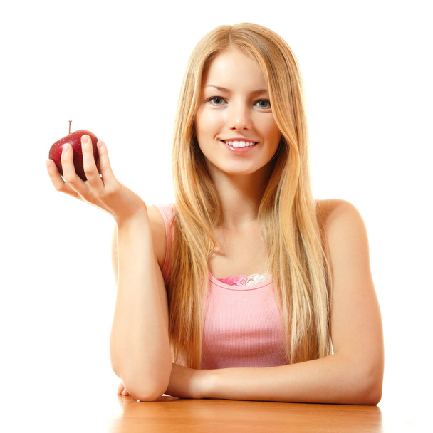 Teeny girl with red apple - Фото, зображення