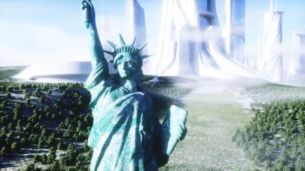 futuristic spaceship and statue of liberty. Future concept. Aerial view. Realistic 4k animation. - Video