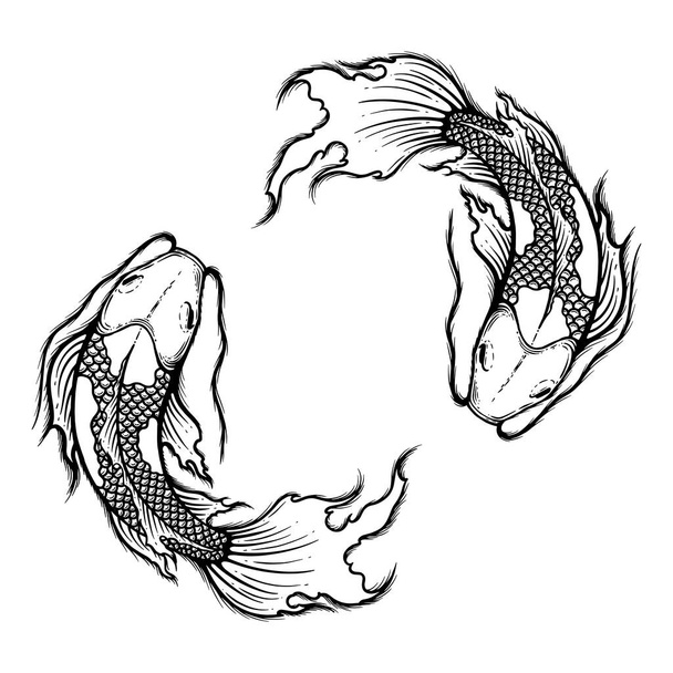 Hand drawn outline Koi fish vector illustration, tattoo design, japan style, line art ink work, animal wildlife. - Vector, Image