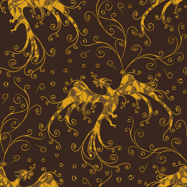 Seamless vector pattern with yellow phoenix on brown background. Mythical bird wallpaper design with curved lines. Exotic fashion fabric style. - Vector, Image