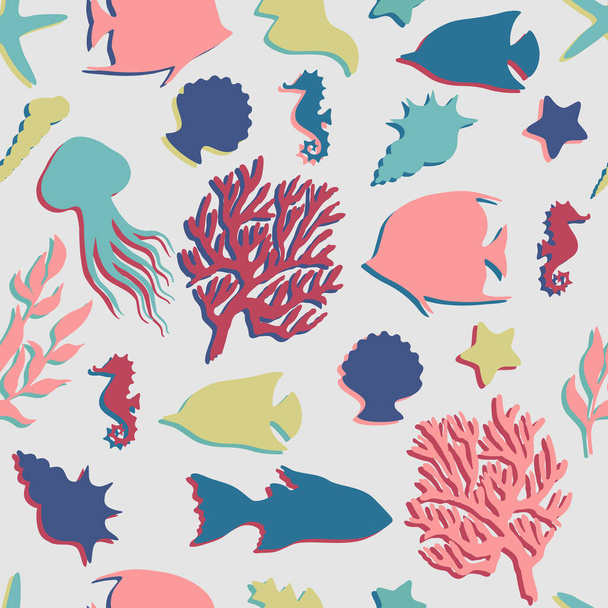 Sea life vector seamless pattern. Underwater life silhouette. - Wektor, obraz