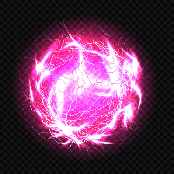 Palla elettrica, fulmine cerchio impatto luogo, sfera al plasma in colore viola isolato su sfondo scuro. Potente scarica elettrica, lampo di energia magica. Realistico 3d - Vettoriali, immagini