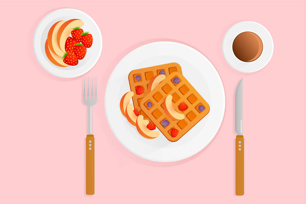 Ilustração vetorial de café da manhã com waffles de café e bagas em um fundo rosa. waffles belgas com amoras, morangos e pêssegos. Estilo de design plano. Conceito de pequeno almoço
. - Vetor, Imagem